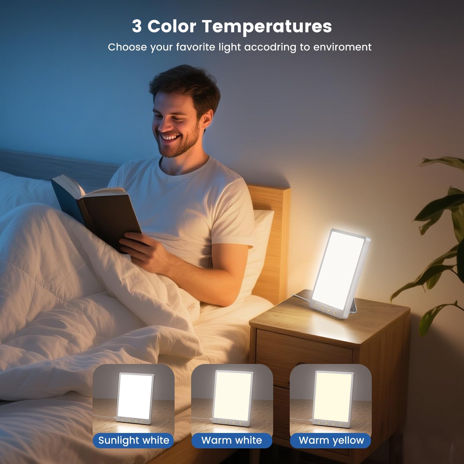 SAD Lamp Lampe de luminothérapie 10 000 lux – Lampe solaire à spectre complet avec 3 températures de couleur, minuterie et fonction mémoire, lampe de contrôle tactile portable pour la maison, le
