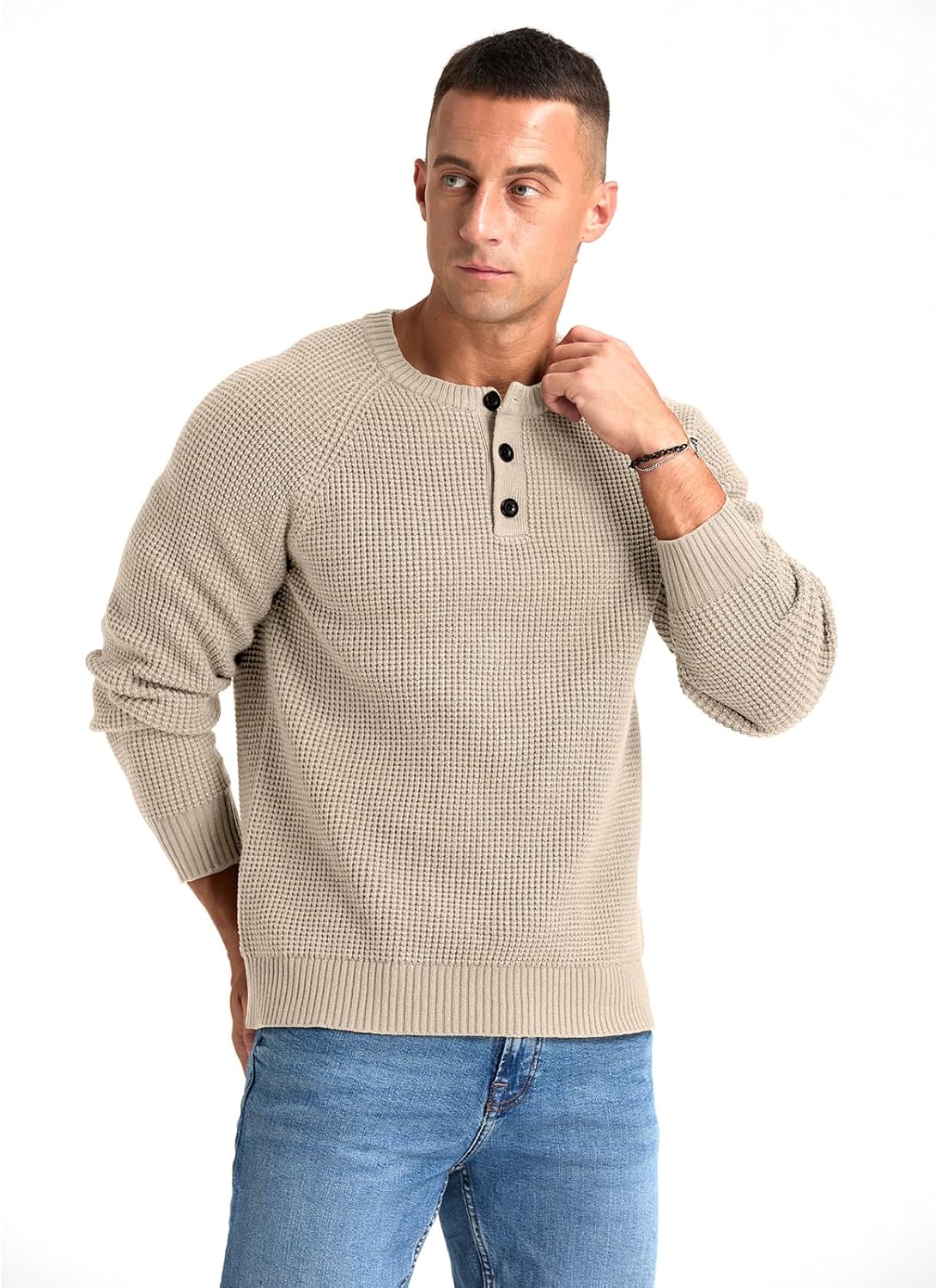 RQP Men's Henley Sweater Long Sleeve Button Crewneck Sweater Knit Sweater Casual Waffle Texture Pullover Sweater - Image 3