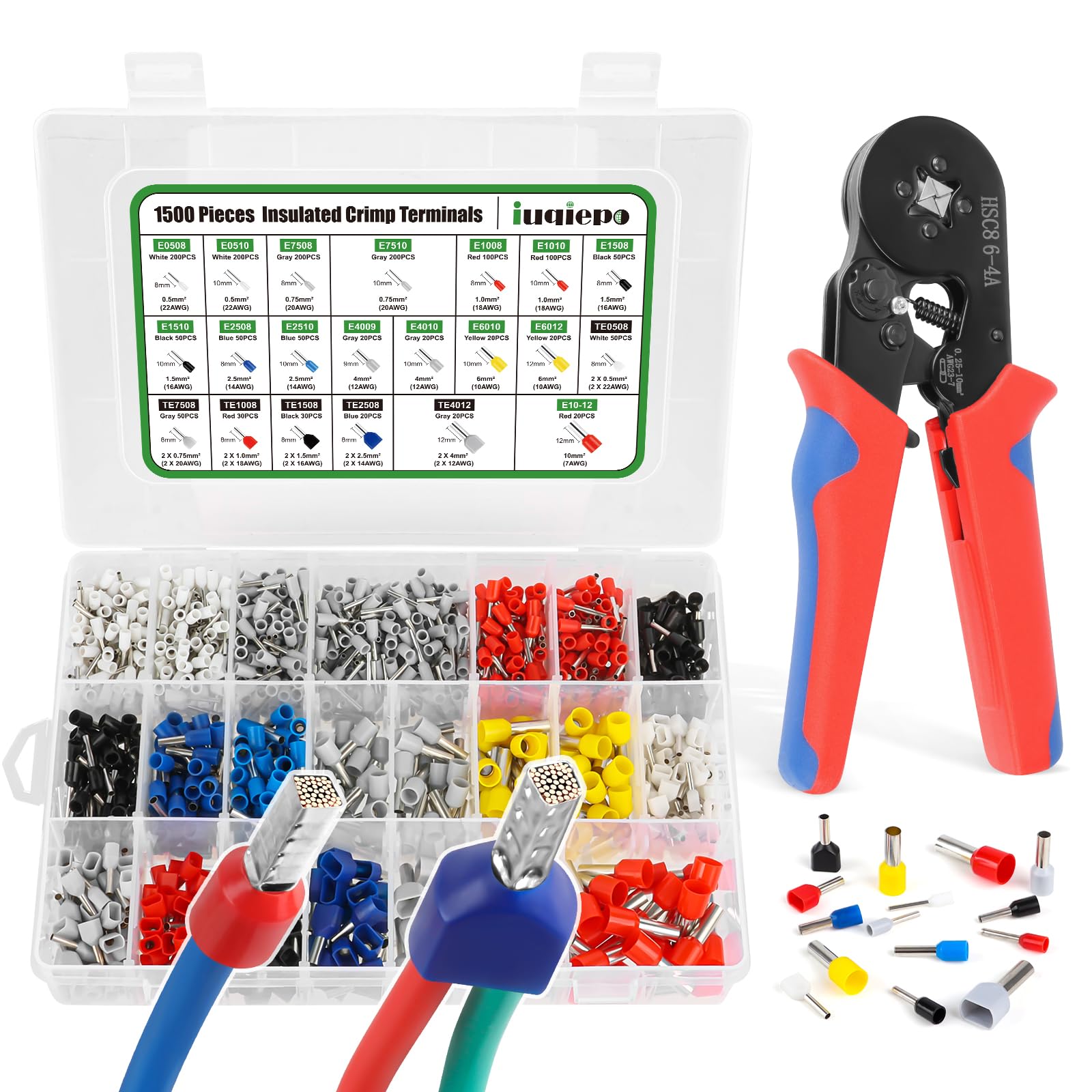 Crimping Tool Set 1500 PCS, Ferrule Crimping Tool 0.25-10 mm² (200 Dual & 1300 Single Tube), Crimping Connectors Wire End Ferrules, Self-Adjustable Ratchet Wire Crimping Tool