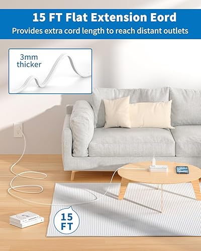 Miniatura 3 de Cable de extensión plano de 10 pies y 15 pies, regleta protectora de sobretensiones con 6 tomas amplias, 4 puertos USB (2 USB C), enchufe plano,