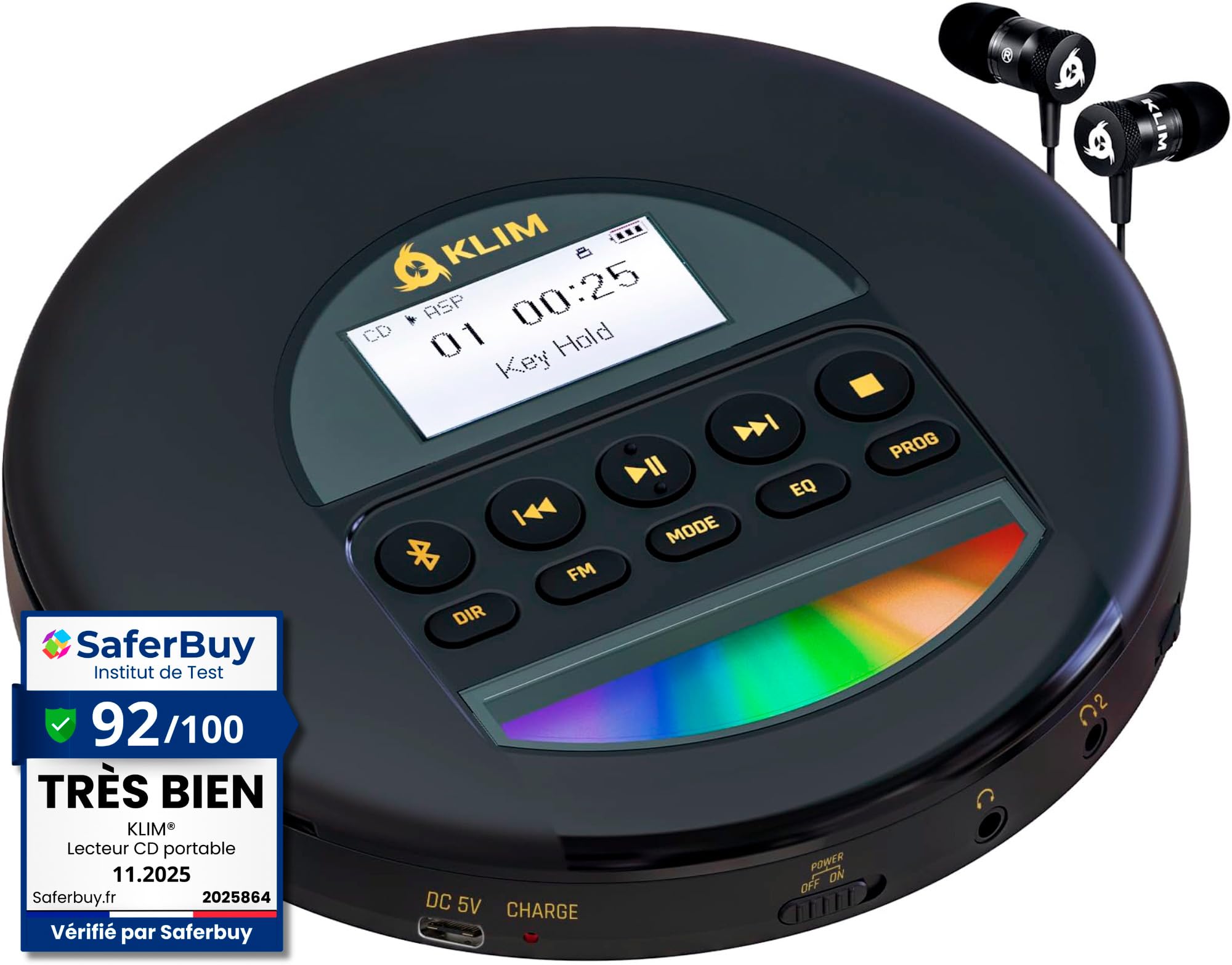 KLIM Nomad - Nouveauté - Lecteur CD Portable - Batterie Intégrée Longue Durée - avec Écouteurs - Compatible CD-R, CD-RW, MP3 - Bluetooth Baladeur Lecteur CD pour Voiture, Maison, Extérieur - Or