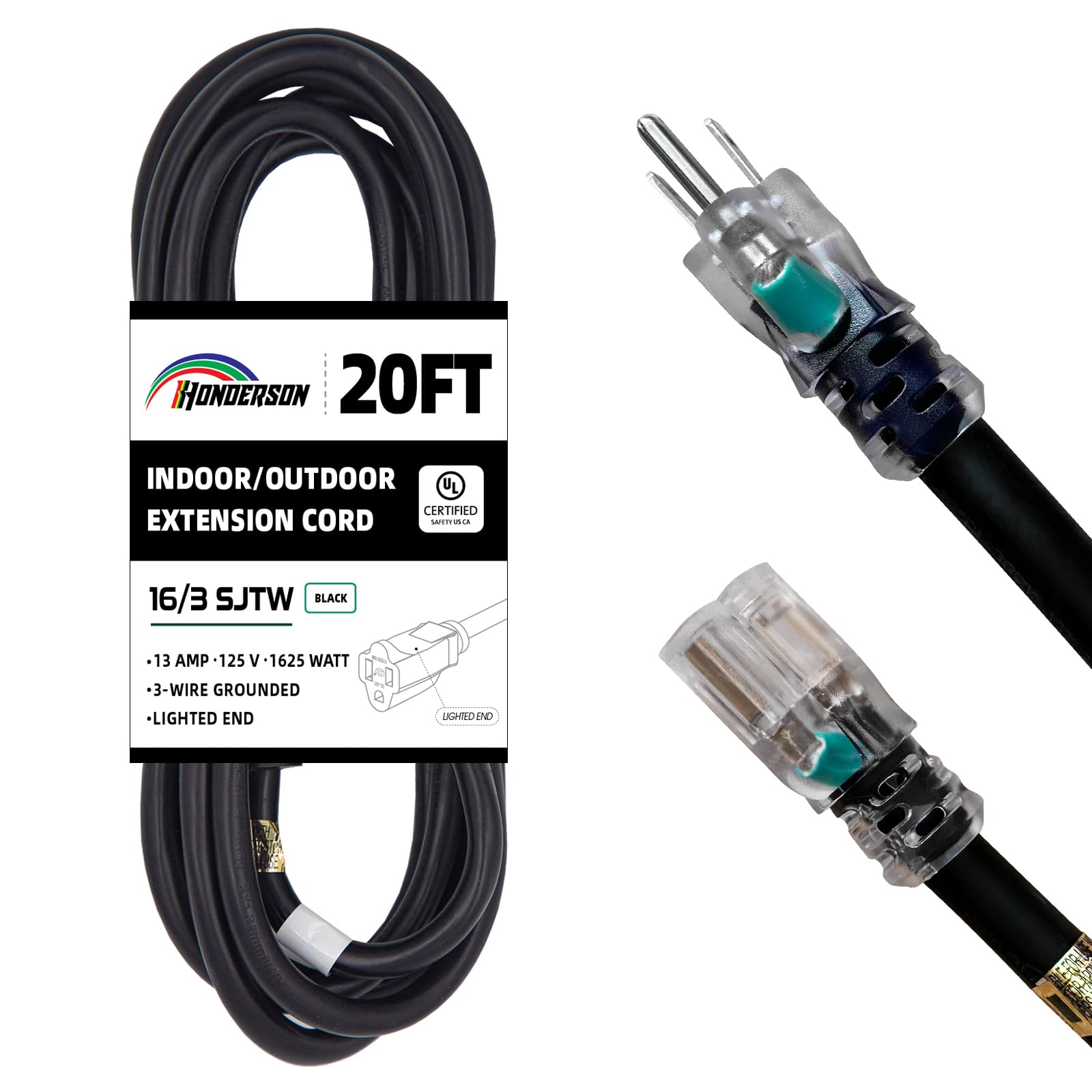 HONDERSON Indoor Outdoor Extension Cord Weatherproof with Lighted End, UL Listed, 16 Gauge 20FT Black 3 Prong Heavy Duty, 16/3 SJTW 13A Power Cord for