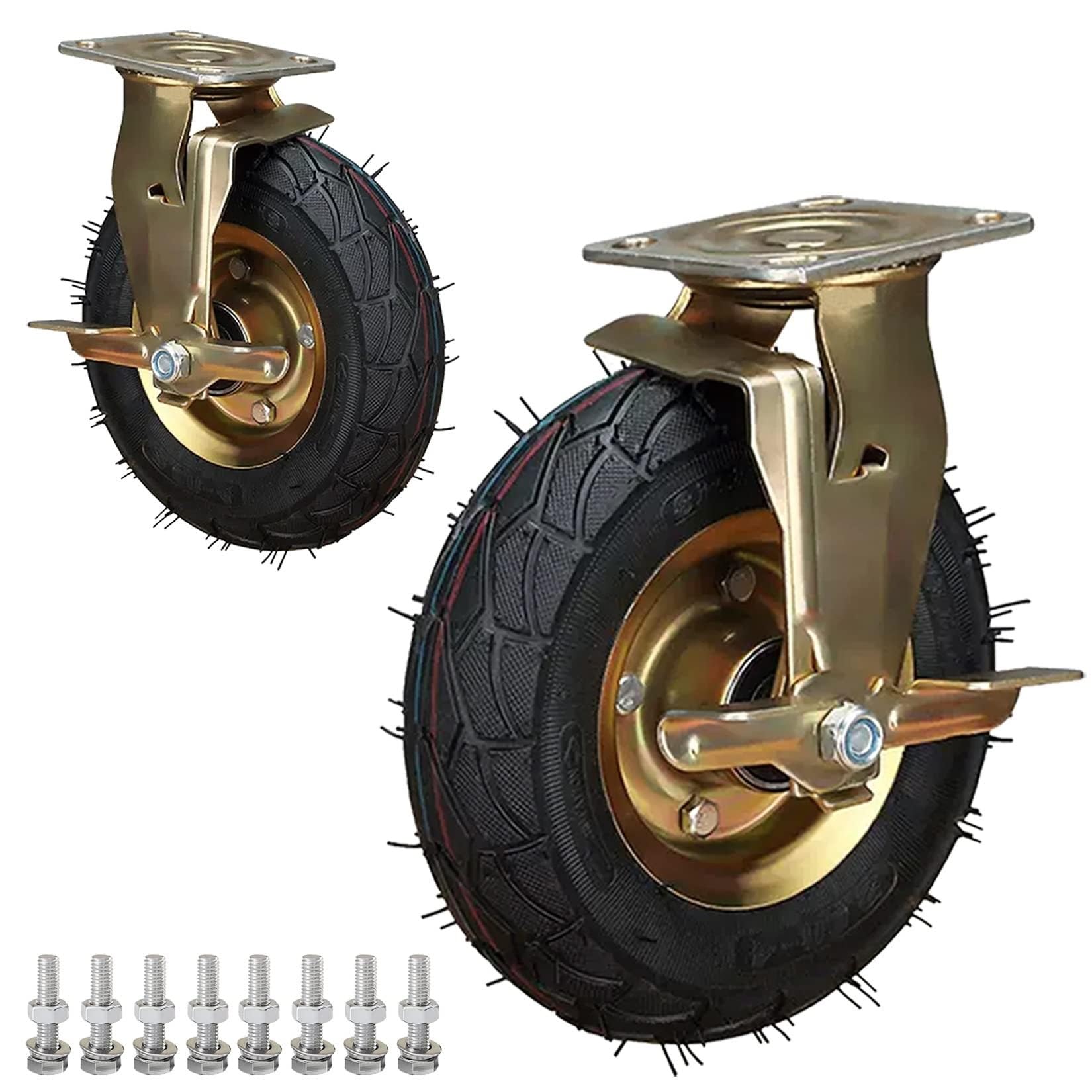 ZGUOUZANTYE Heavy Duty Castor Wheels Set Of 2 8/10 Inch Fixed Swivel Brakes Pneumatic Rubber Wheel Caster 250lbs Load Capacity(Brakes,Ø200mm/8in)