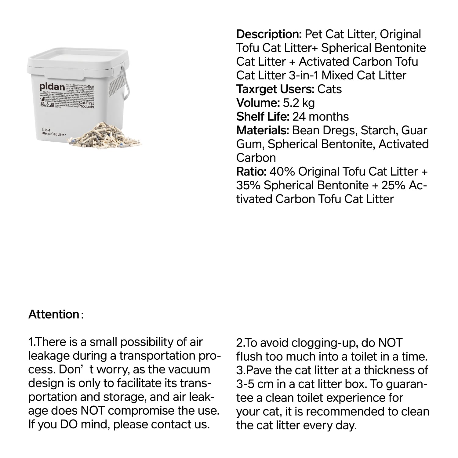 pidan Litiere Chat 3-en-1 Tofu Bentonite Charbon, Seau 5,2 kg
