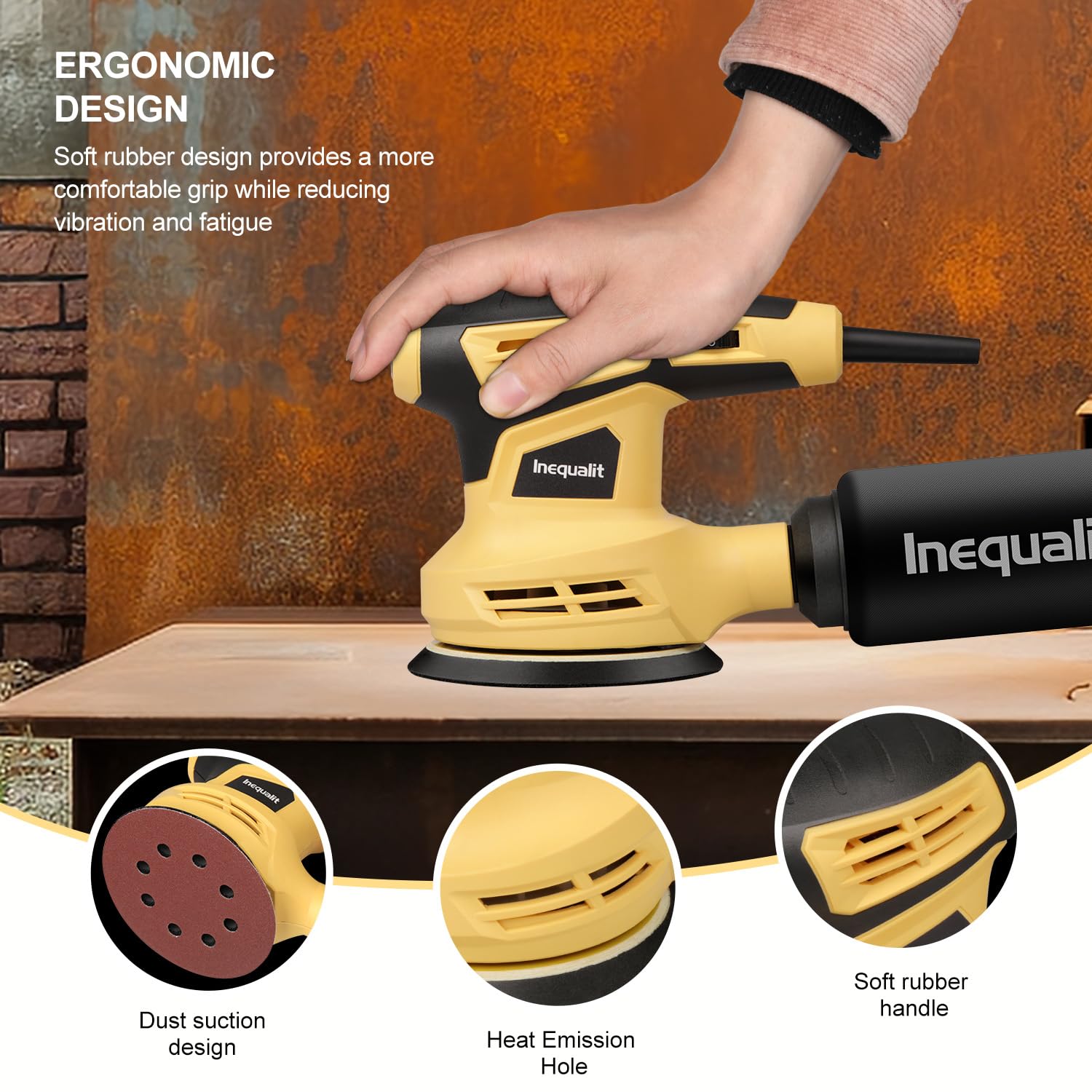 Ponceuse Orbitale Excentrique 280W, Inequalit Ponceuse Excentrique à 6 Vitesses (13000RPM),pour Surfaces en Bois et Acier,Collecteur de Poussière,Inclus Papier Abrasif 15 Pièces 125 mm,Jaune