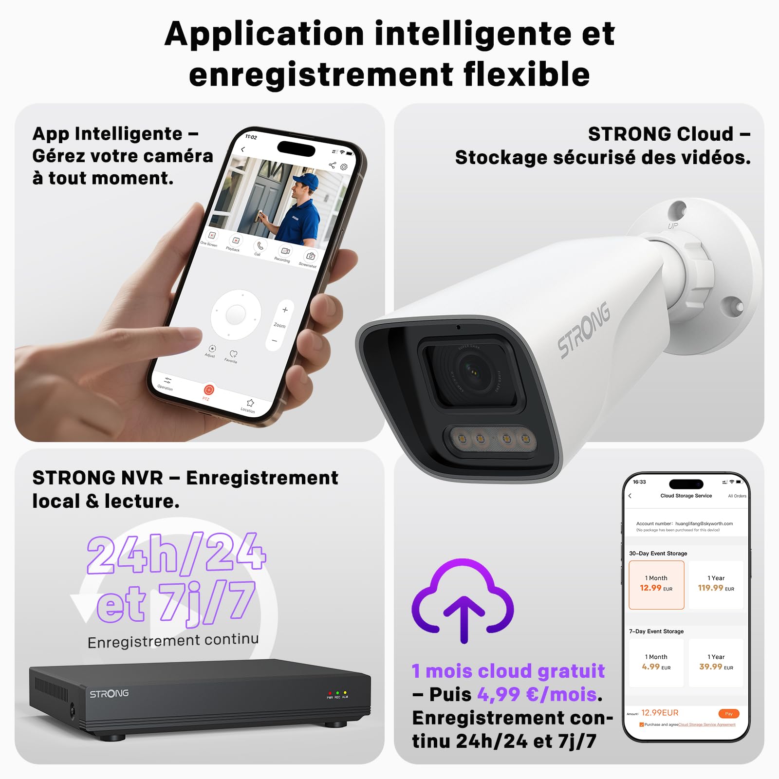 STRONG Caméra Extérieure 3K 5MP, Caméra de Sécurité PoE avec Détection Mouvement & Humaine, Vision Nocturne, Alertes Véhicule, IP67 Étanche, Micro Intégré, Enregistrement NVR/Cloud, Contrôle App