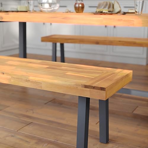 Miniatura 4 de BizChair Banco de madera de acacia maciza, parte superior de listones con acabado natural, patas de madera acampanadas negras, 500 libras. Capacidad
