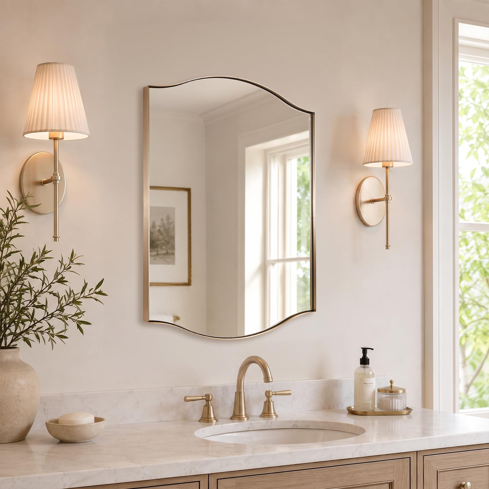 ANDY STAR Brushed Champagne Bronze Scalloped Wall Mirror for Bathroom