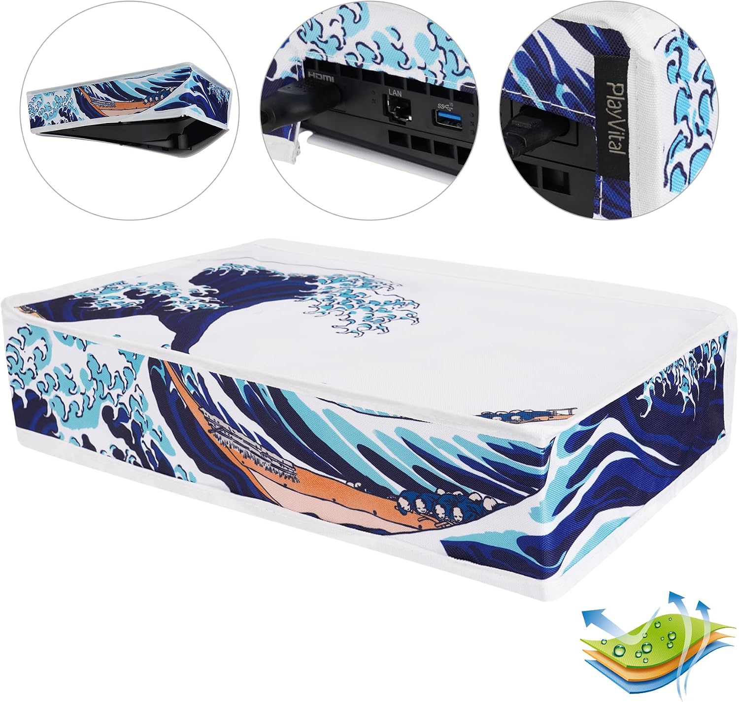 PlayVital Horizontal Dust Cover for ps5 Slim Digital Edition(The New Smaller Design), Nylon Dust Proof Protector Waterproof Cover Sleeve for ps5 Slim Console - The Great Wave