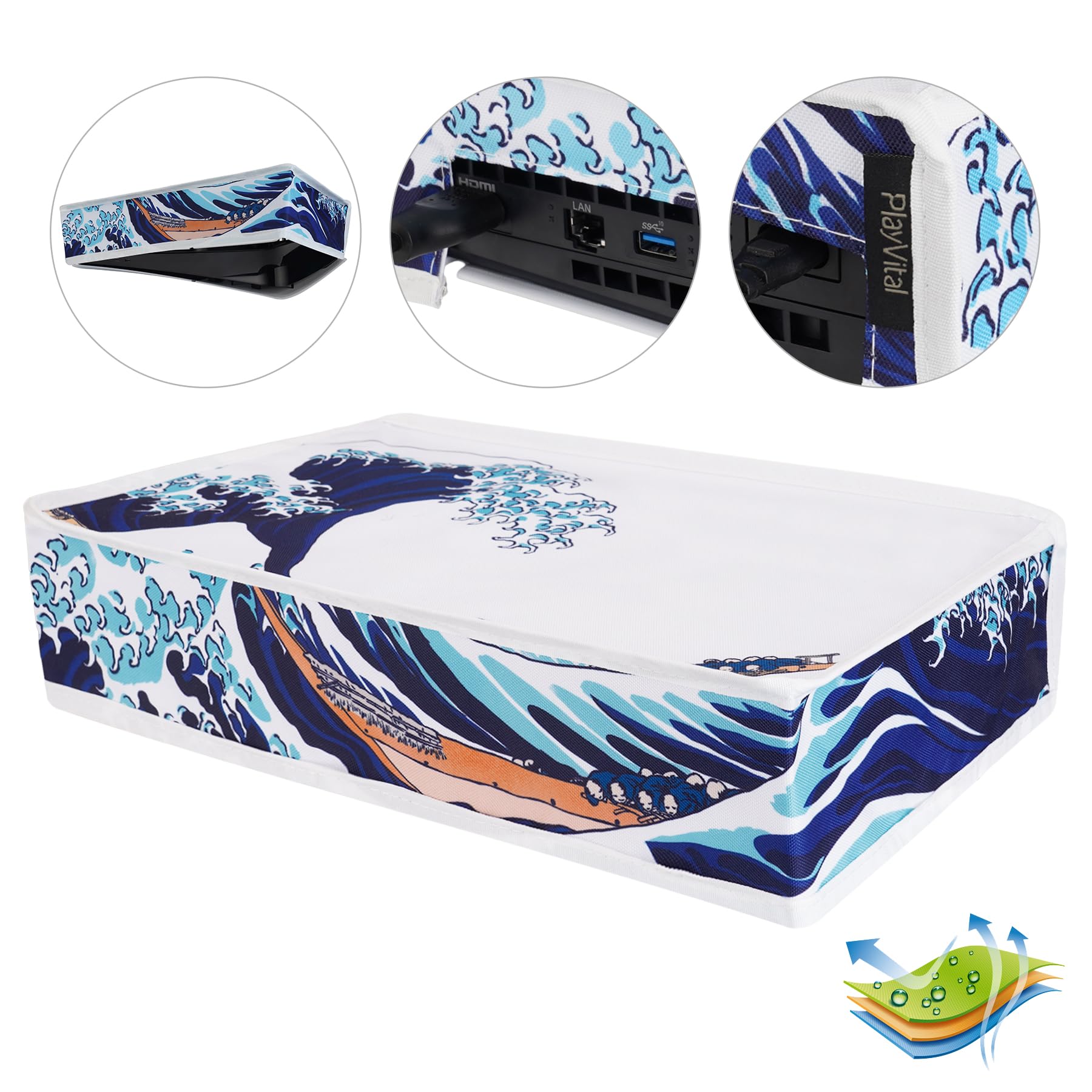 PlayVital Cover Antipolvere per ps5 Slim Digital Edition, Copertura Orizzontale Protettiva Impermeabile in Nylon per Console, Grande Onda