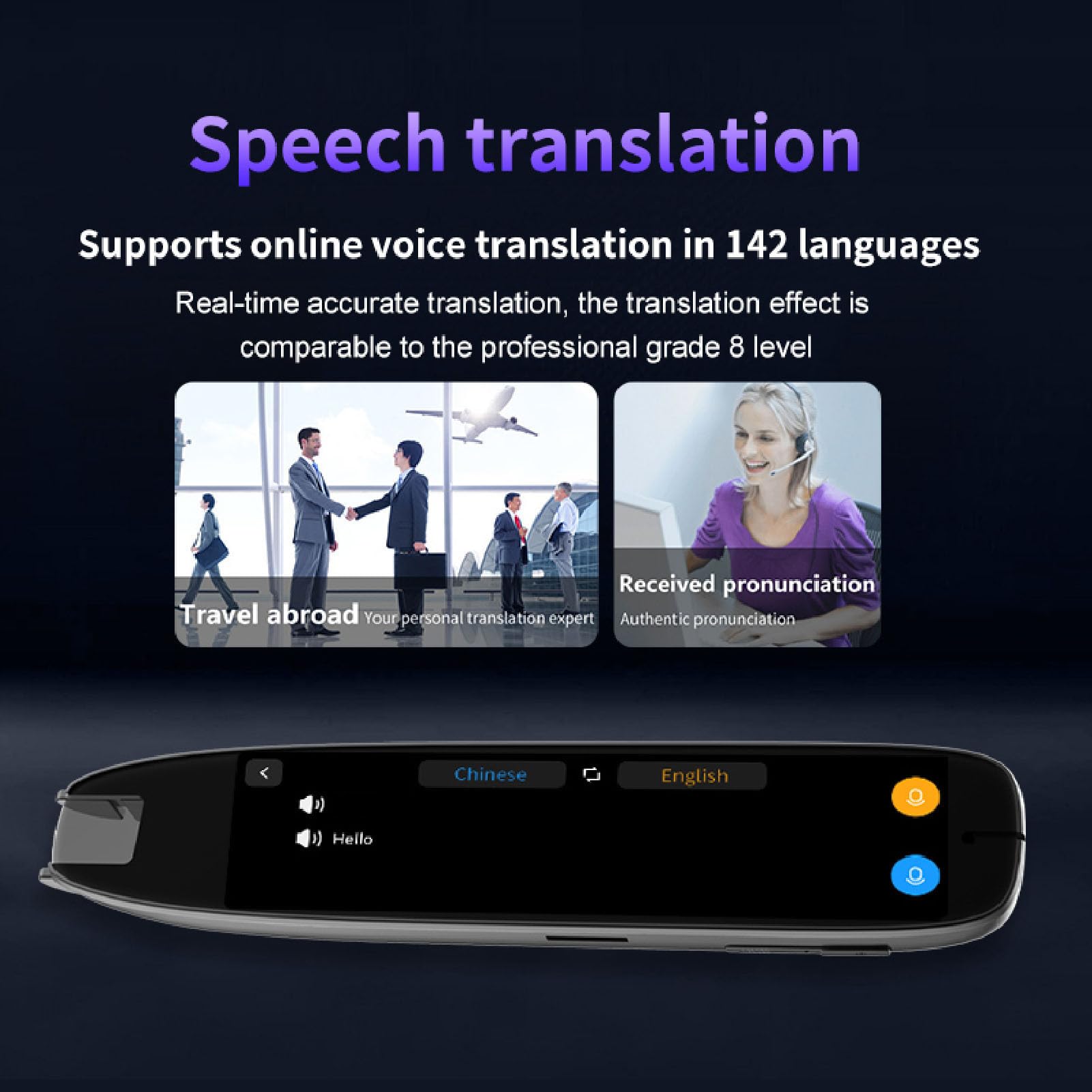 Voice -Übersetzer -Gerät, Scan -Lese -Stift 3.7 '' Touchscreen 142 Sprachen Online Offline -Übersetzung, Sprachausgabe, AI -Engine, 8h Ideal für Geschäft, Lernen, Lesen