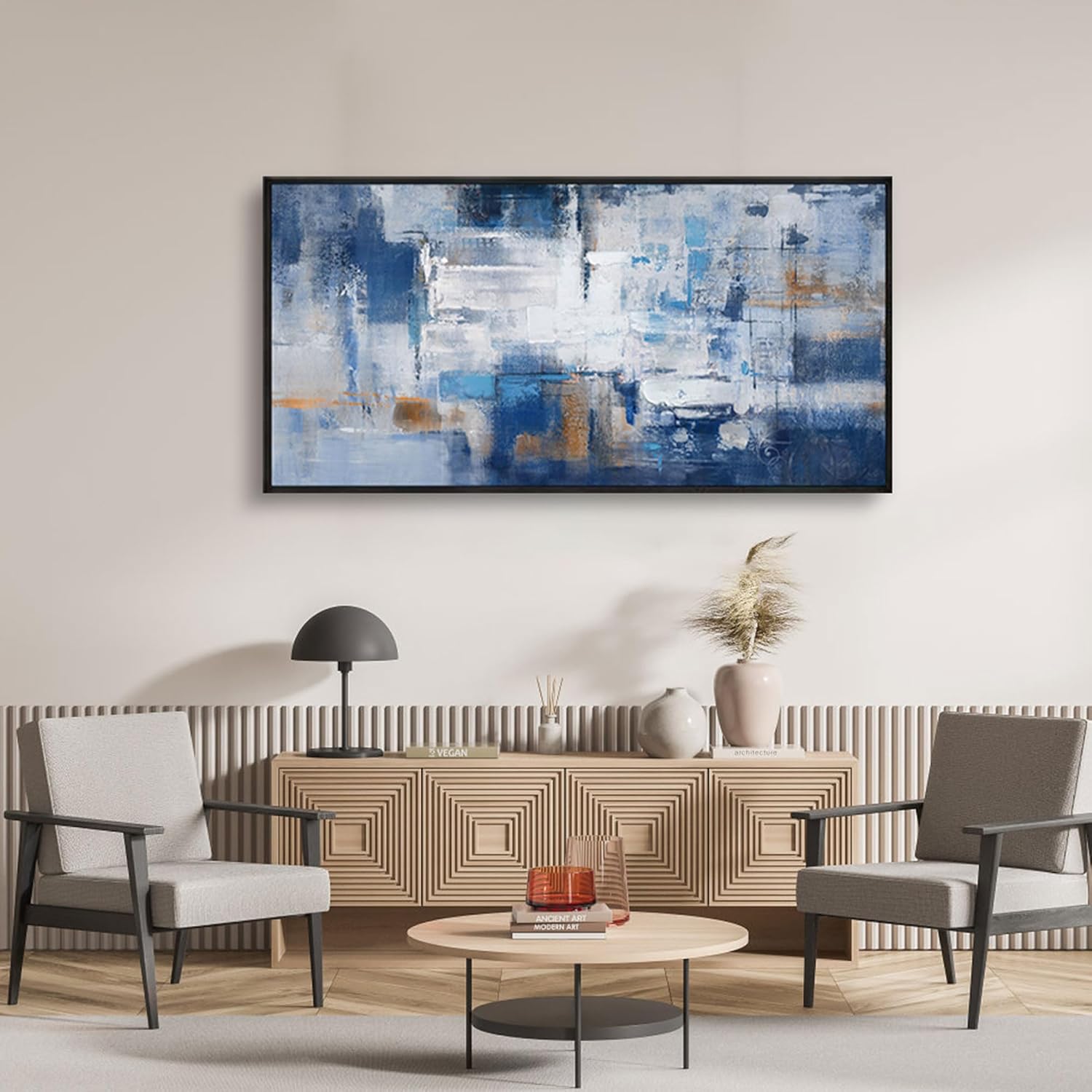 KLAKLA Orange and Blue Abstract Wall Art - Modern Picture Artwork for Wall Decor - Frame Wall Art for Living Room Office Bedroom