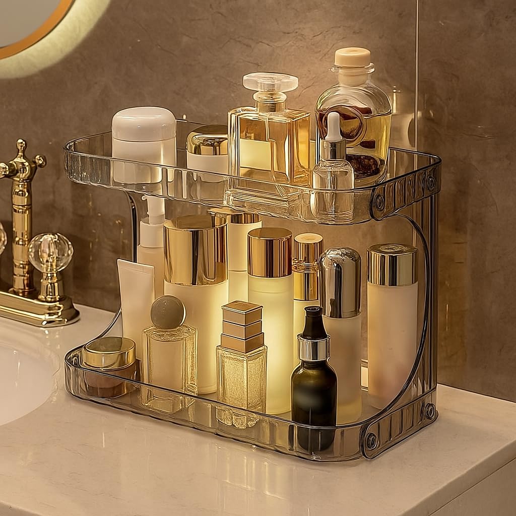 Organizador Multiuso 2 Andares Acrílico Transparente – Prateleira de Cosméticos, Maquiagem e Banheiro – Suporte Elegante para Parede ou Bancada – Ideal para Cozinha, Quarto e Penteadeira (Bronzeada)