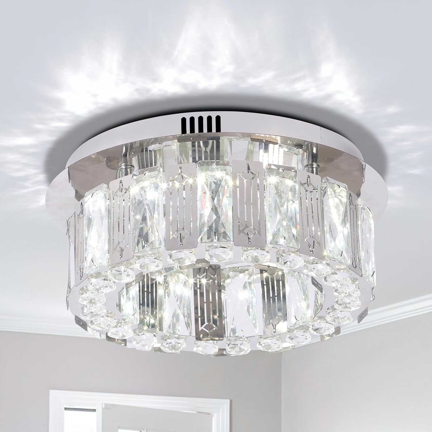 11.8" Modern Crystal Chandelier LED Ceiling Light Flush Mount Ceiling Light Fixtures Crystal Round Chandeliers for Hallway Bedroom Cool White