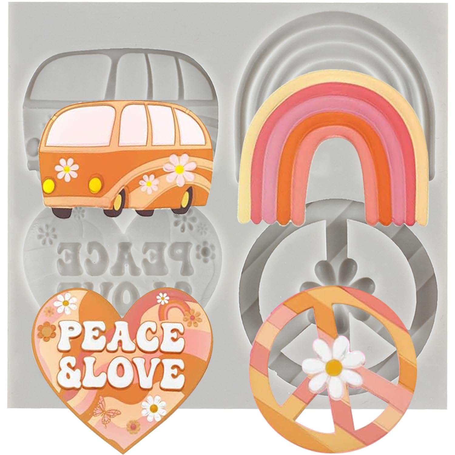 Sijiangmold Groovy Silicone Moulds Peace Signs Buses Rainbow Fondant Mould for Peace Love Party Cake Decoration Chocolate Cupcake Topper Candy Polymer Clay Gum Paste