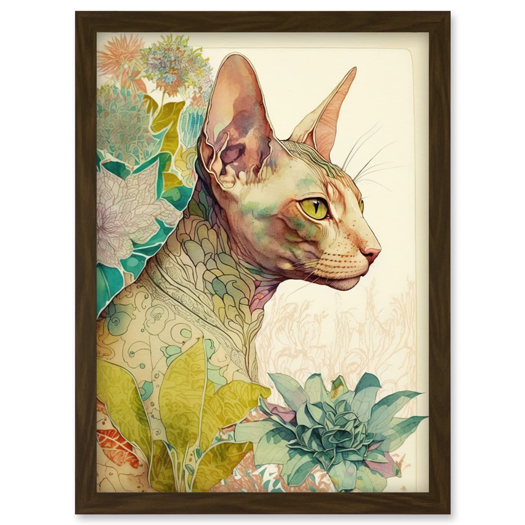Artery8 Sphynx Cat with Floral Tattoo in Flower Blooms Colourful Modern Watercolour Illustration Artwork Framed Wall Art Print A4