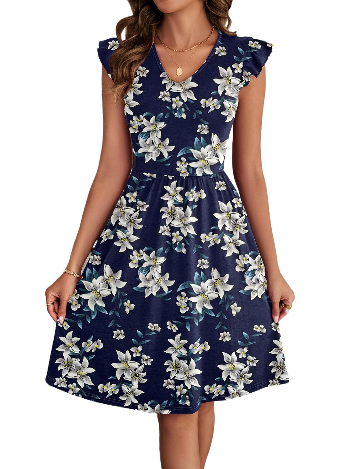 HELYO Women's Summer Dresses Cute V Neck Ruffle Sleeve Cocktail Short Work Casual Dress with Pockets 648