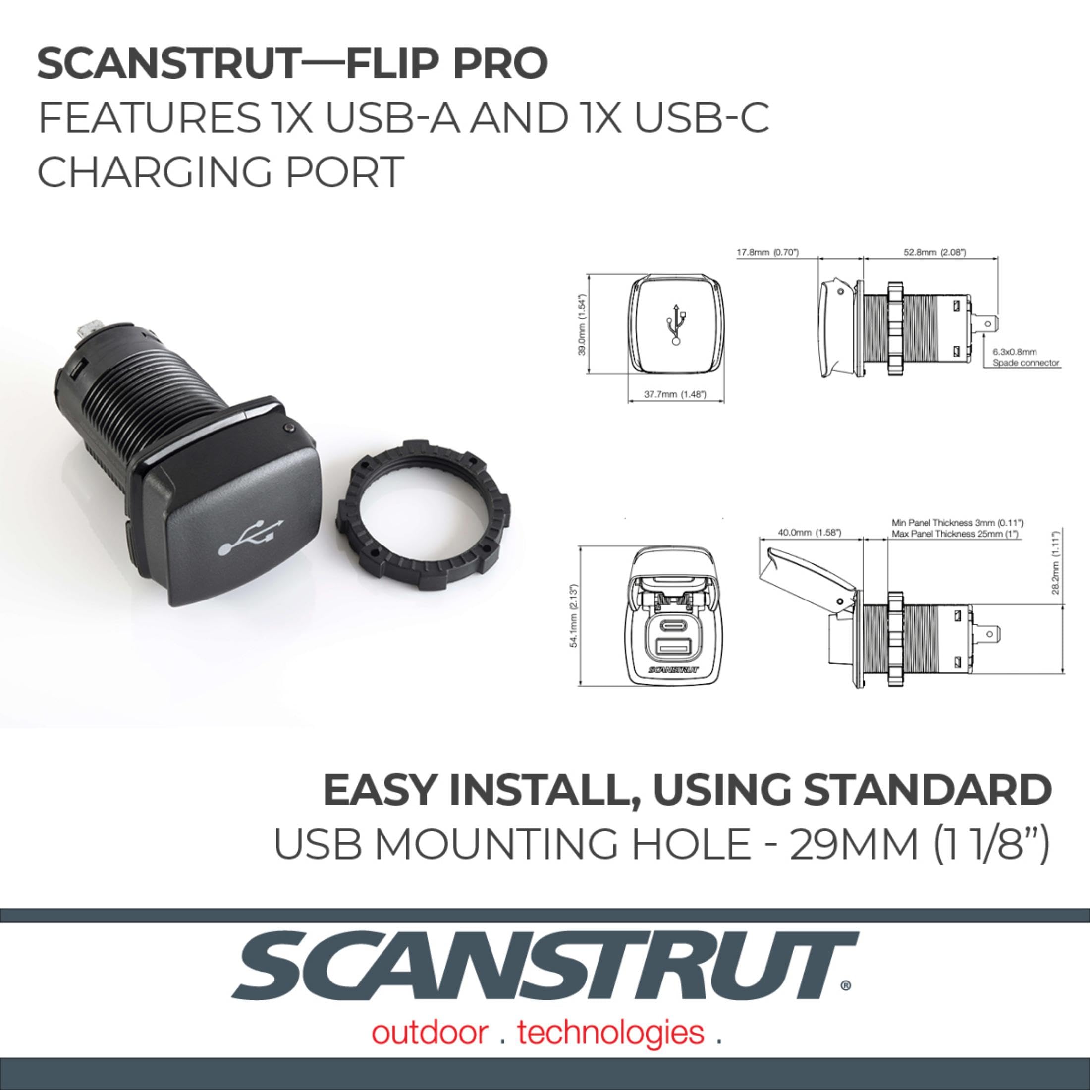 Scanstrut ROKK Flip Pro Chargeur USB – IPX4 étanche Double Port de Charge Rapide USB-A et USB-C | Prise d'alimentation Marine et Camping-Car 12/24 V