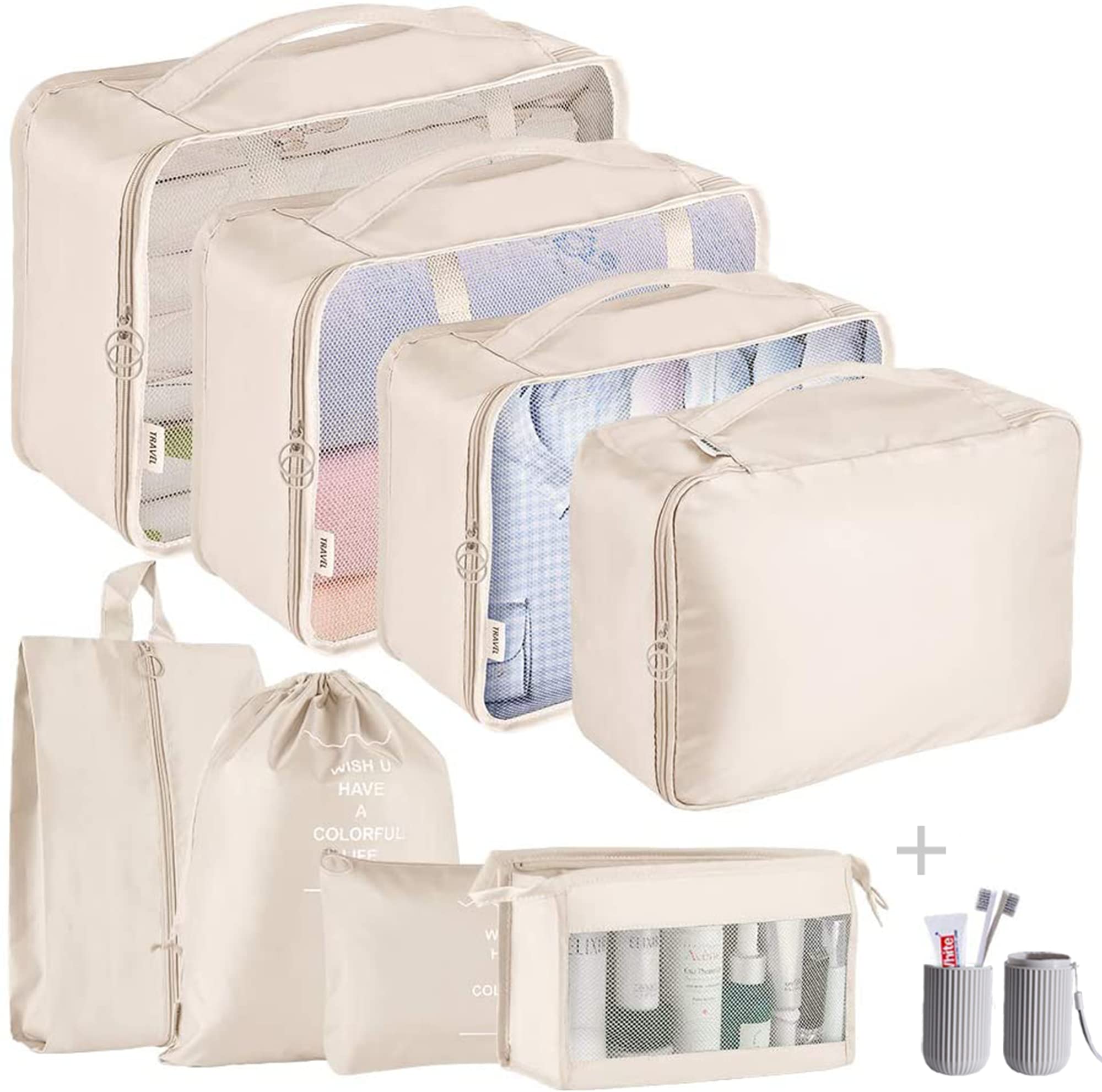hyan packing cubes - 9 pcs travel luggage organizers set waterproof suitcase organizer bags clothes shoes cosmetics toiletries storage bags(beige)