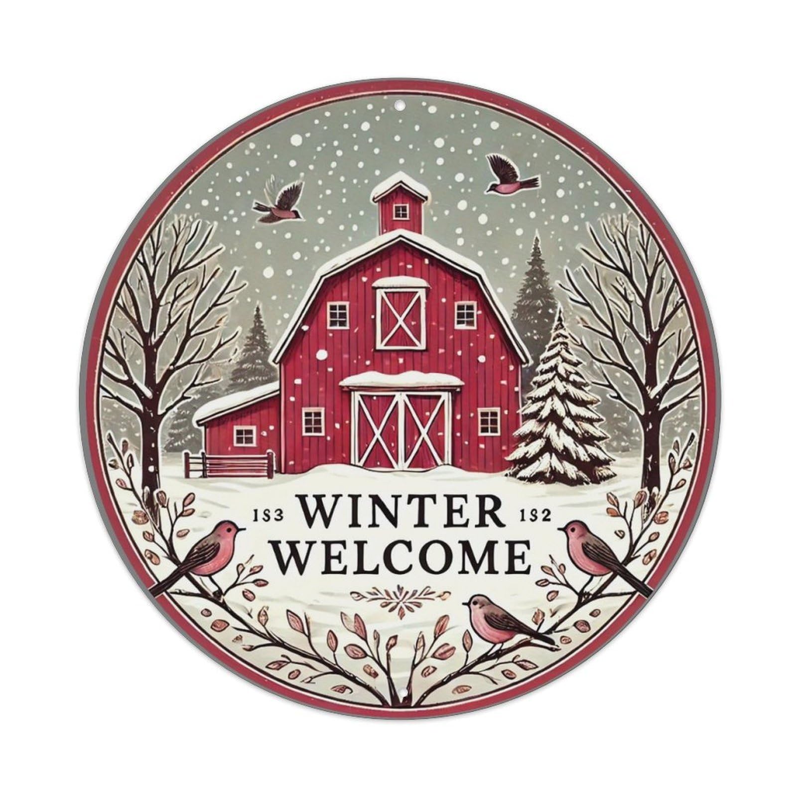 Winter Welcome Red Barn Scene Tin Sign Metal Poster Vintage Metal Signs for Home Man Cave Bar Cafe Kitchen laundry room Wall Decorations 8x8 inches