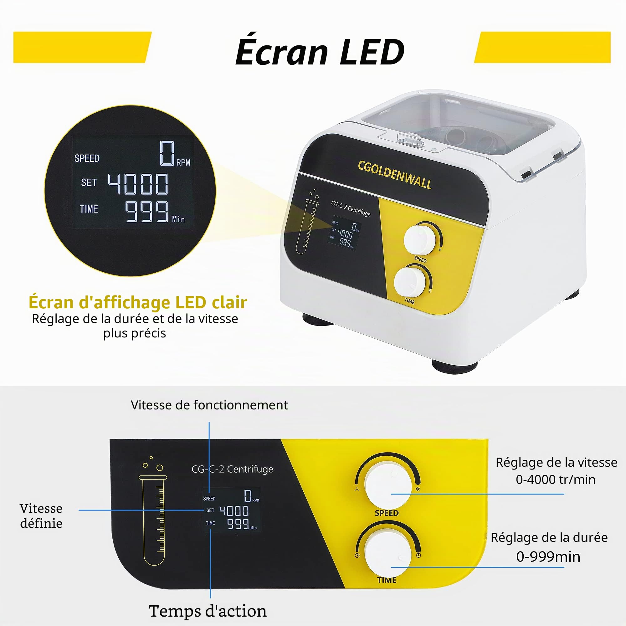 CGOLDENWALL Centrifugeuse de Laboratoire Machine de Centrifugeuse 10ml*6 1920xg avec 4000rpm-999minutes Minuterie 5/8 / 10ml Tubes disponible (Vitesse&Heure Affichage, 6 Trous)