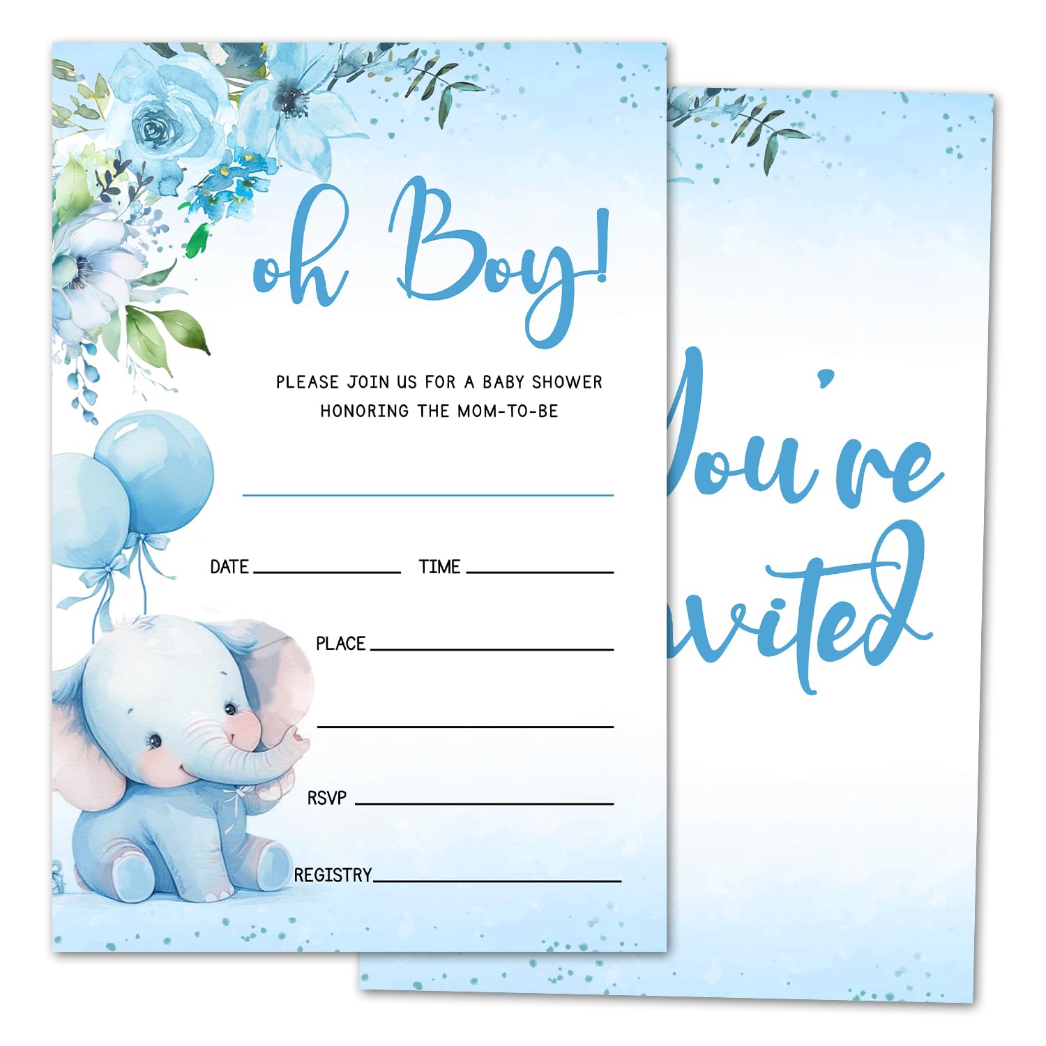 oayGnay Blue Elephant Oh Boy Baby Shower Invitations, 25 Set Floral Baby Shower Invites With Envelopes for Boys, Baby Announcement Gender Reveal