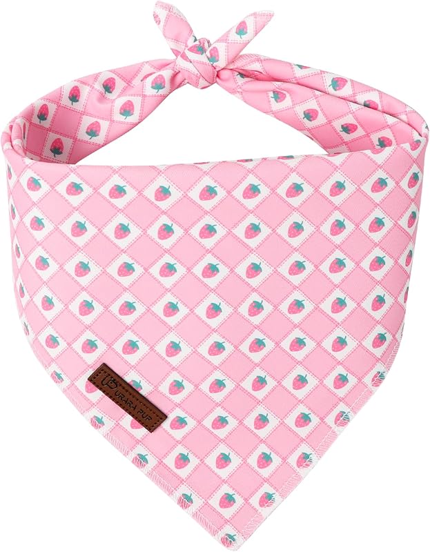 Bandana para Cães em Algodão com Estampa de Morangos Rosa e Branca UP URARA PUP, Tamanho S
