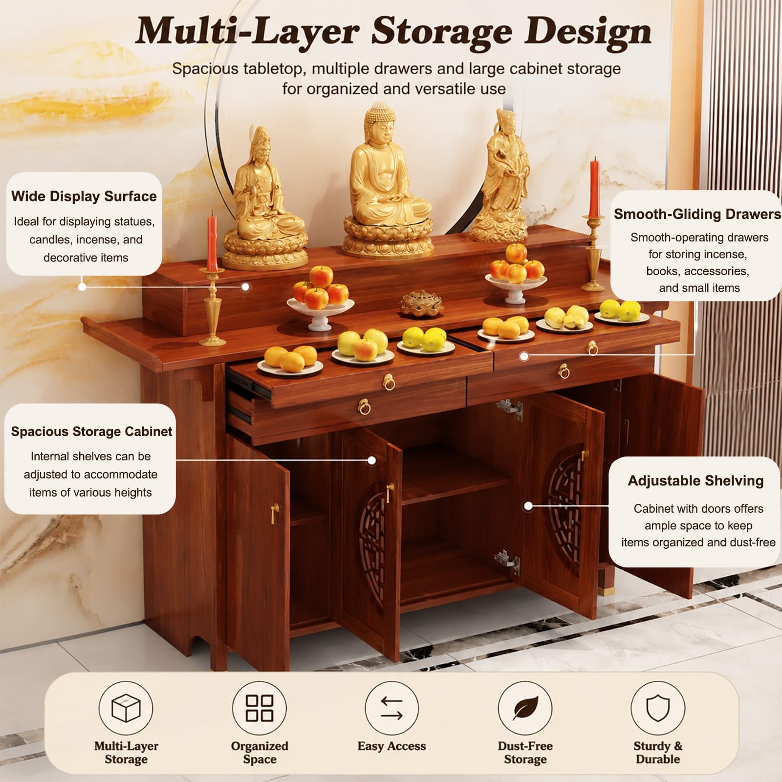 Massiver Holz-Altartisch mit Aufbewahrung, Meditationstisch und Pooja-Schrank für den Heimgebrauch, langlebiges Design, ideal für spirituelle Praktiken, 128 cm / 50.4in