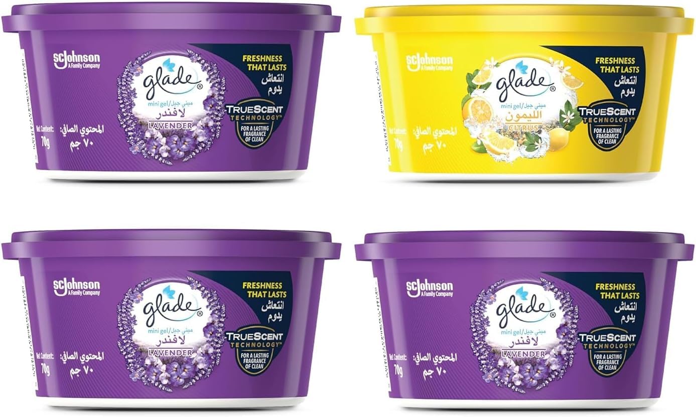 Mini Gel Air Freshener Bundle, 3 x Lavender & 1 x Citrus Scent, Multiple Usage Areas, Freshen Any Room, 4 x 70g
