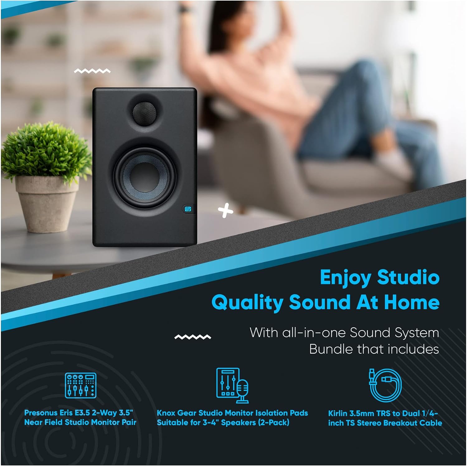 PreSonus Eris E3.5 2-Way 3.5 in. Near Field Studio Monitor (Pair) with Knox Isolation Pads and Stereo Breakout Cable Bundle