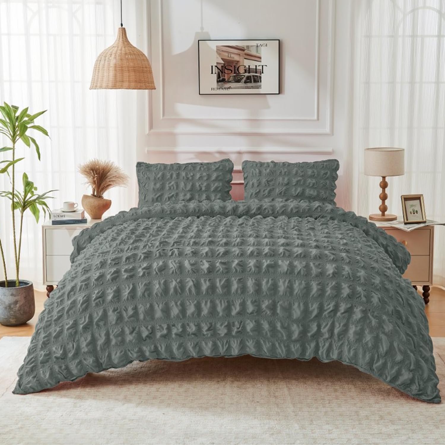 Lions Seersucker Bedding - Charcoal Double Duvet Cover with Matching Pillowcase, 100% Polyester Soft Micorfibre Quilt Covers, Button Closure, 3 Piece Bed Linen Sets, 200x200cm