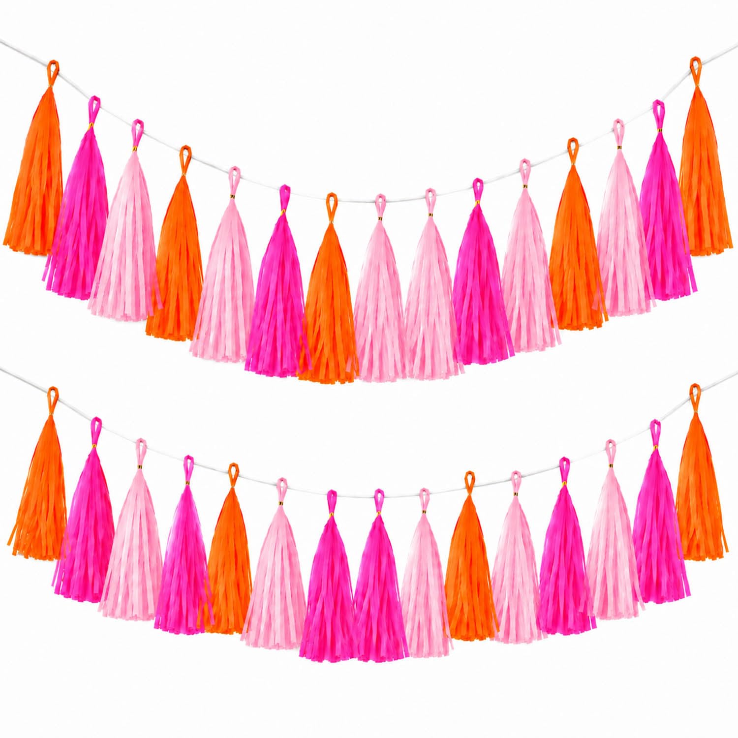 Hot Pink Orange and Pink Tassel Garland Banner - Handmade Paper Tassels for Party Decorations, Wedding Backdrop, DIY Craft Projects (30-Pack)