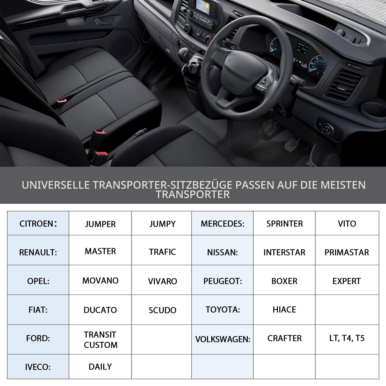 TOYOUN Van-Sitzbezüge, zweifarbig, universal, passend für die meisten Vans, LKWs, Einzel-, Doppel-, Auto-Vordersitzbezüge für Einzelfahrer und Doppel-Beifahrersitz, 2 + 1 Autositz-Zubehör, Schwarz und