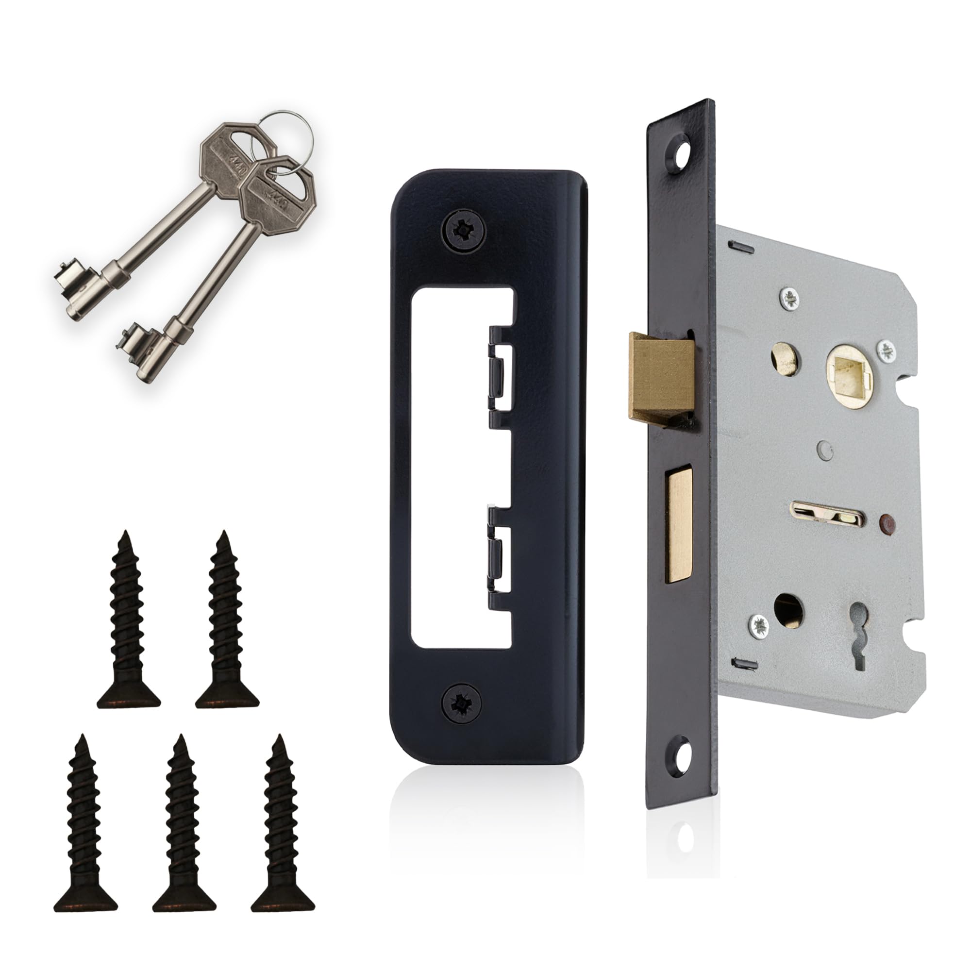 XFORT 65mm Mortice Sashlock with Matt Black Faceplate, Internal Door Lock for Bedroom Door, Mortice Door Lock with Key