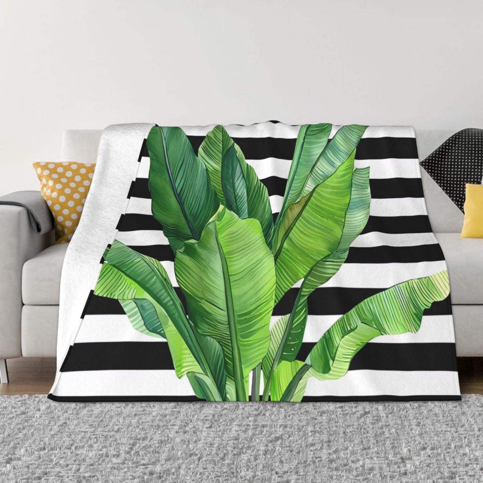 Couverture flanelle feuilles de palmier vertes douce pour lit