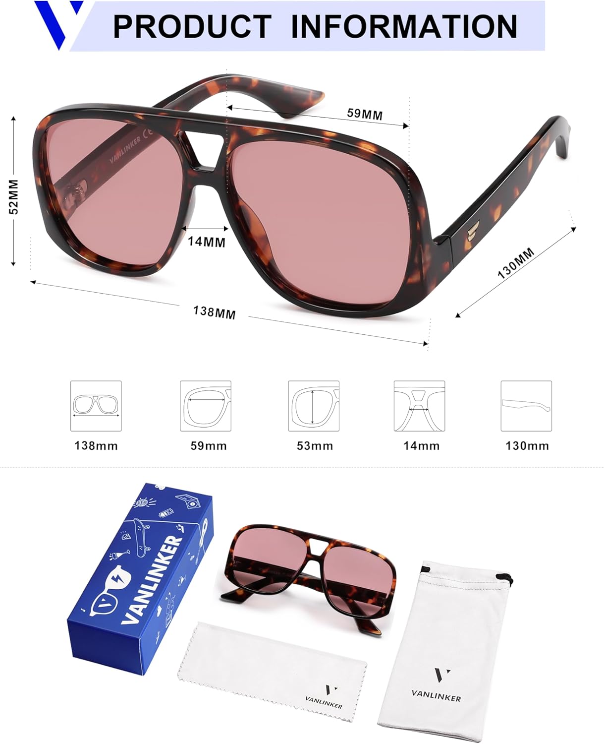 VANLINKER Oversized Aviator Polarized Sunglasses for Women Men Retro Square Eyewears Vintage 70s Style Low-Set Temples VL9822 - Image 5