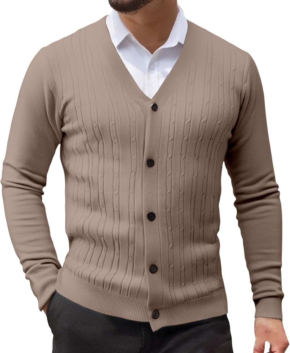 Knit V Neck Button up Ribbed Sweaters, Mens Fall Cardigan Sweater, Long Sleeve V Neck Slim Fit Button Down Sweaters