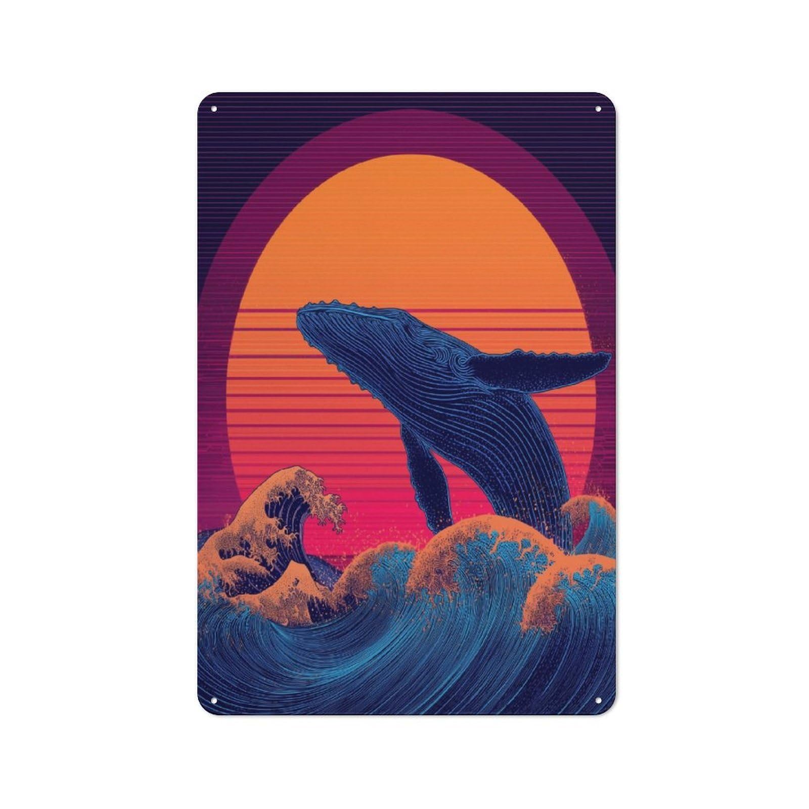 Vintage Tin Sign 30x20cm with Whale Sunset Waves Artwork -1 for Café Or Restaurant, Suited to Wall Displays in Cafés And Restaurants