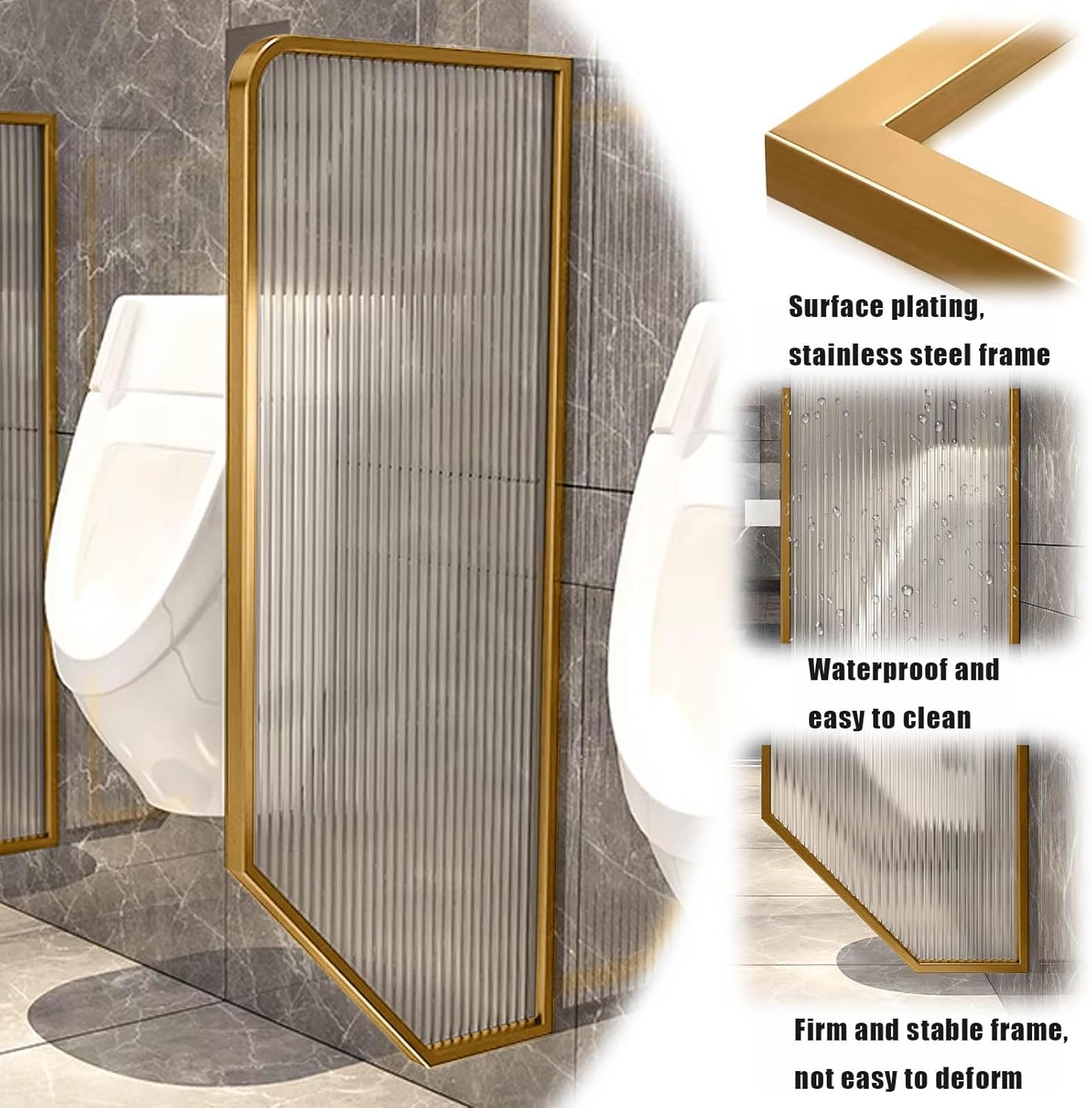 1~5 Pcs Men's Urinal Privacy Screen Modern Bathroom Partition 15.7"x47.2" Public Toilet Partition Large Freestanding Divider Wall-Mounted Hotel Toilet Partition, Black/Gold, Translucent Glass(Gold,1 p