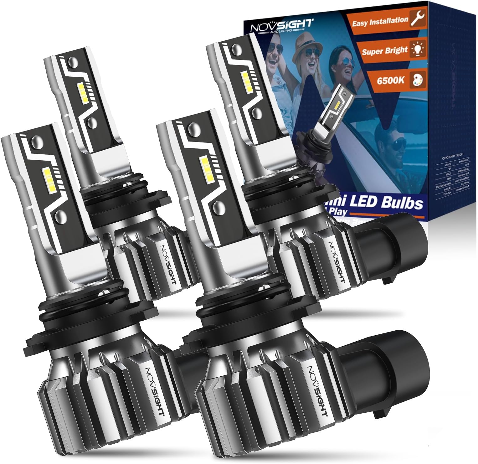 NOVSIGHT9005 9006 Fog Light Bulbs, 50000LM Super Brighter 6500K Cool White, Fanless Light, 1:1 Design, Plug and Play, HB3 HB4 Fog Lights, Pack of 4