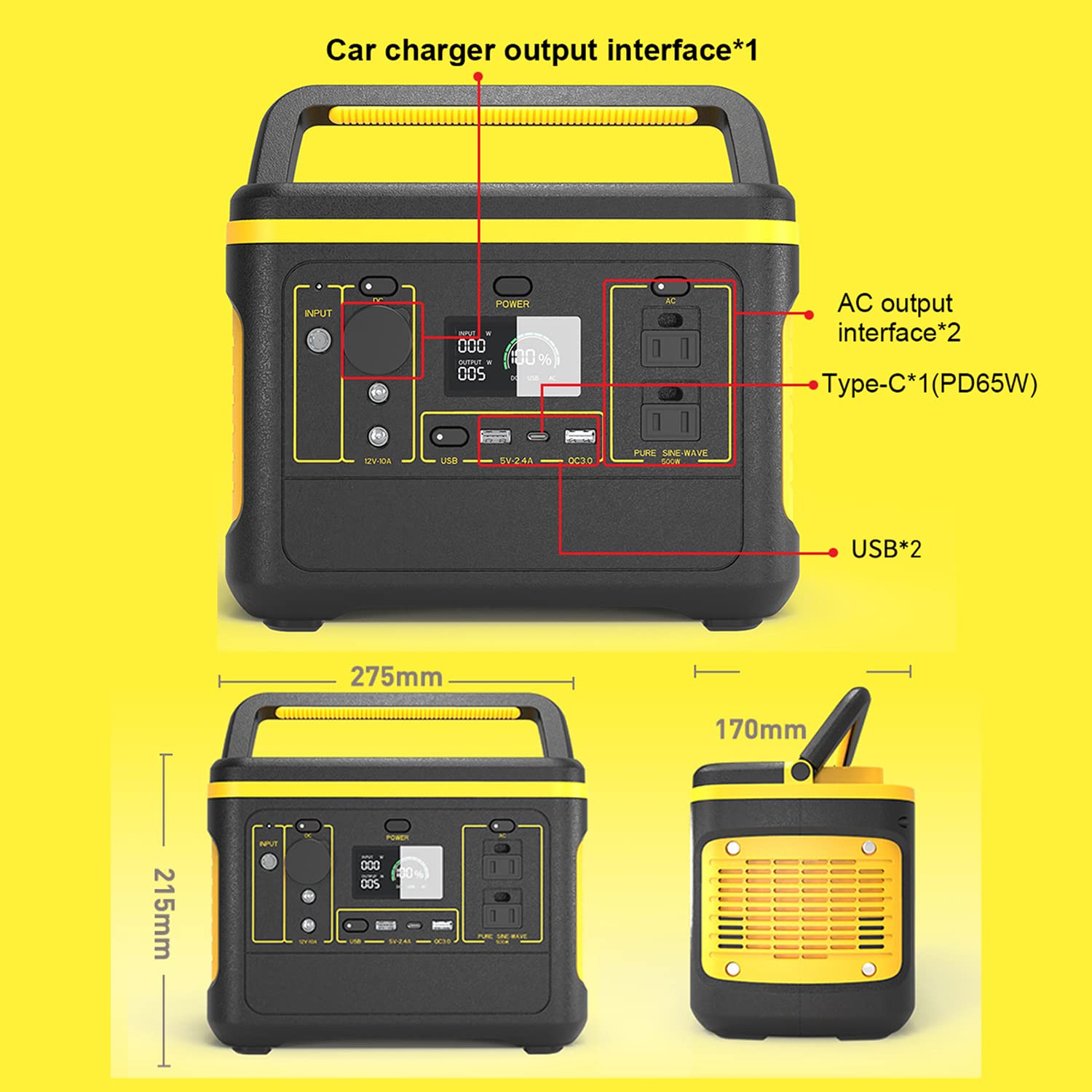 Alimentatore per Batteria Esterna, Caricabatterie per Laptop, con Presa CA 110 V/600 W, USB QC3.0, PD65W, torce a LED per Backup di Emergenza in Campeggio, 100 V