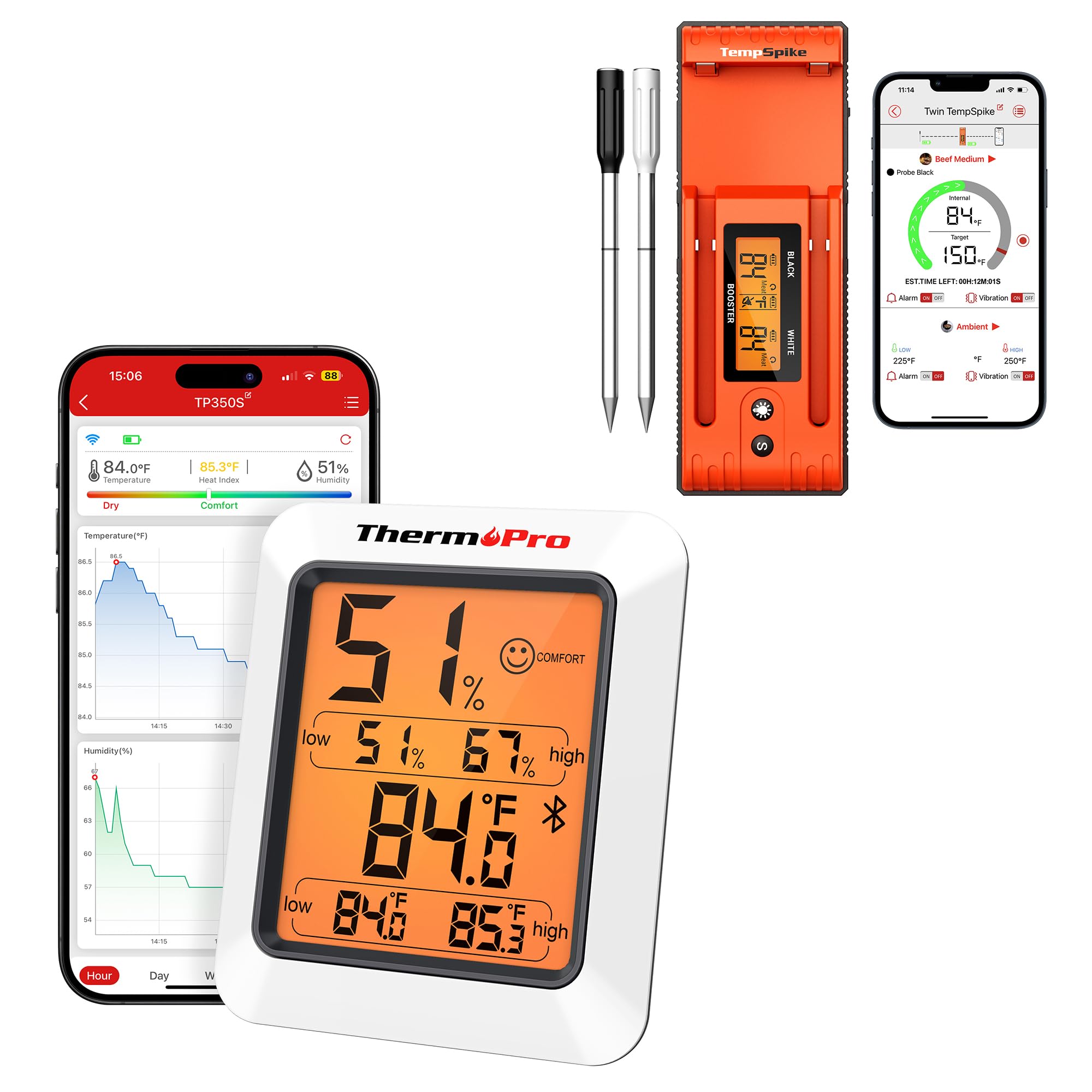 ThermoProTwin TempSpike Wireless Meat Thermometer with 2 Meat Probes, 500FT Bluetooth Meat Thermometer+ThermoPro Hygrometer Thermometer for House TP350, Bluetooth Greenhouse Thermometer