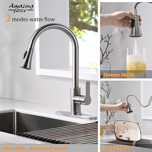 Miniatura 4 de AMAZING FORCE - Grifo de cocina con rociador abatible, llave para fregadero de cocina, grifo de cocina de una manija, grifo de fregadero de cromo