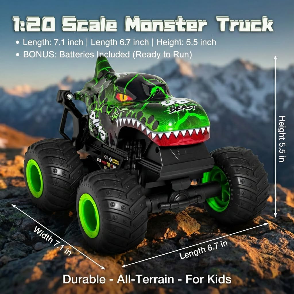 Remote Control Dinosaur Car for Boys 8-12, Sturdy 1:20 Scale RC Monster Truck with LED Lights & Roaring Sound, 2.4GHz All Terrain Off Road Toy Vehicle, Birthday Easter Gifts for Kids 8-12(Green)