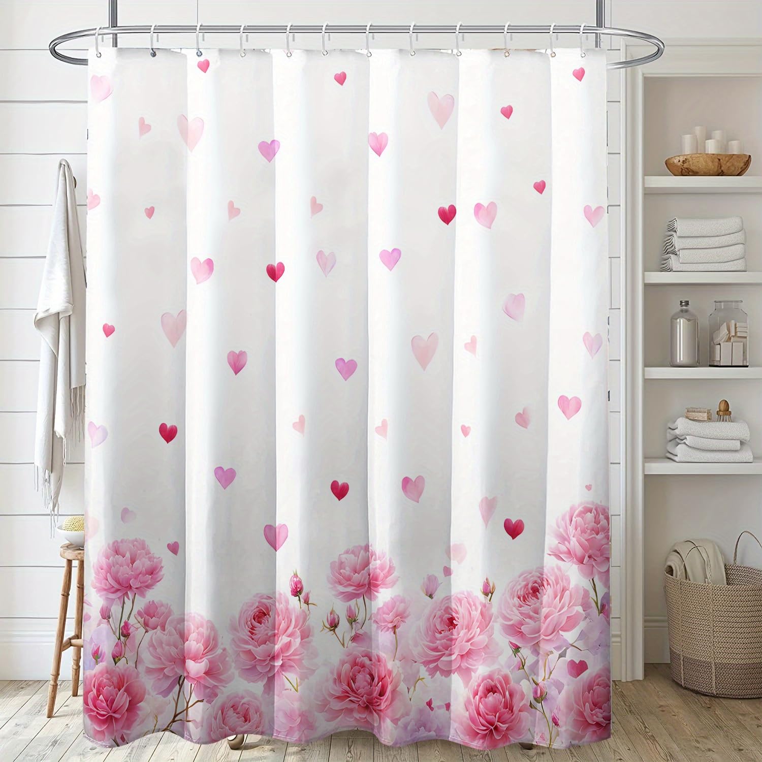 GLWDMB 1 Piece 180x200CM Love Background Light Pink Peony Printed Shower Curtain With Hook, Polyester, for Windows And Walls, Bathtub, Bathroom, Machine Washable, All Season Universal