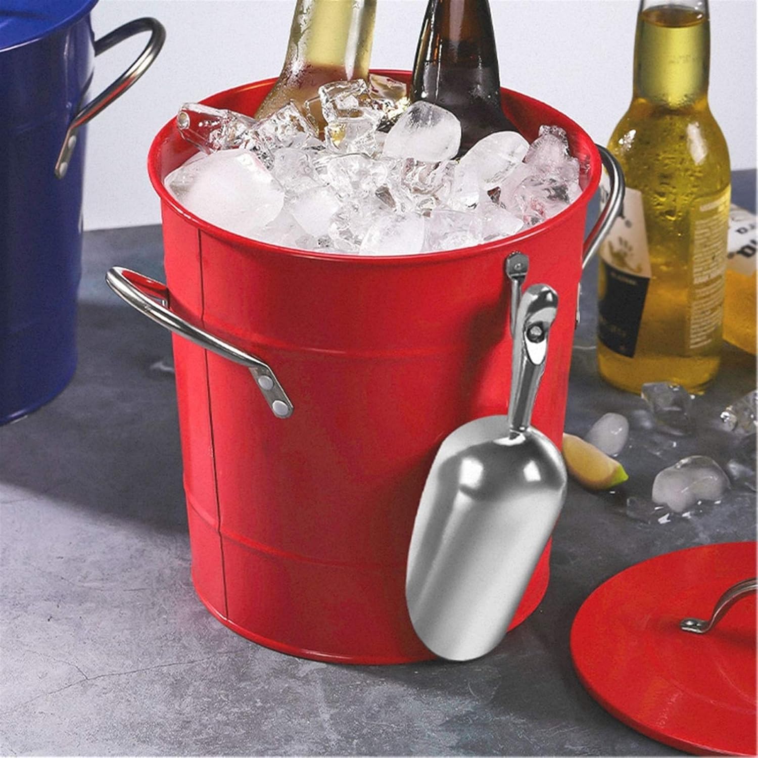 Ice Bucket Double Deck Ice Bucket with Lid Metal Ice Bucket Portable Ice Bucket Hotel Bucket Champagne Bucket Drink Bucket Party Ice containers(D)