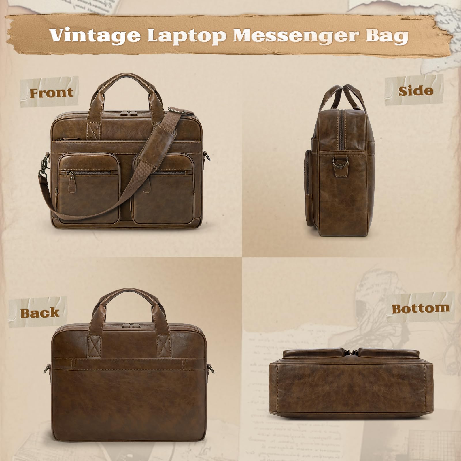 RAINSMORE Arbeitstasche Herren Vintage Aktentasche Laptoptasche 15.6 Zoll Wasserdicht Umhängetasche Ledertasche