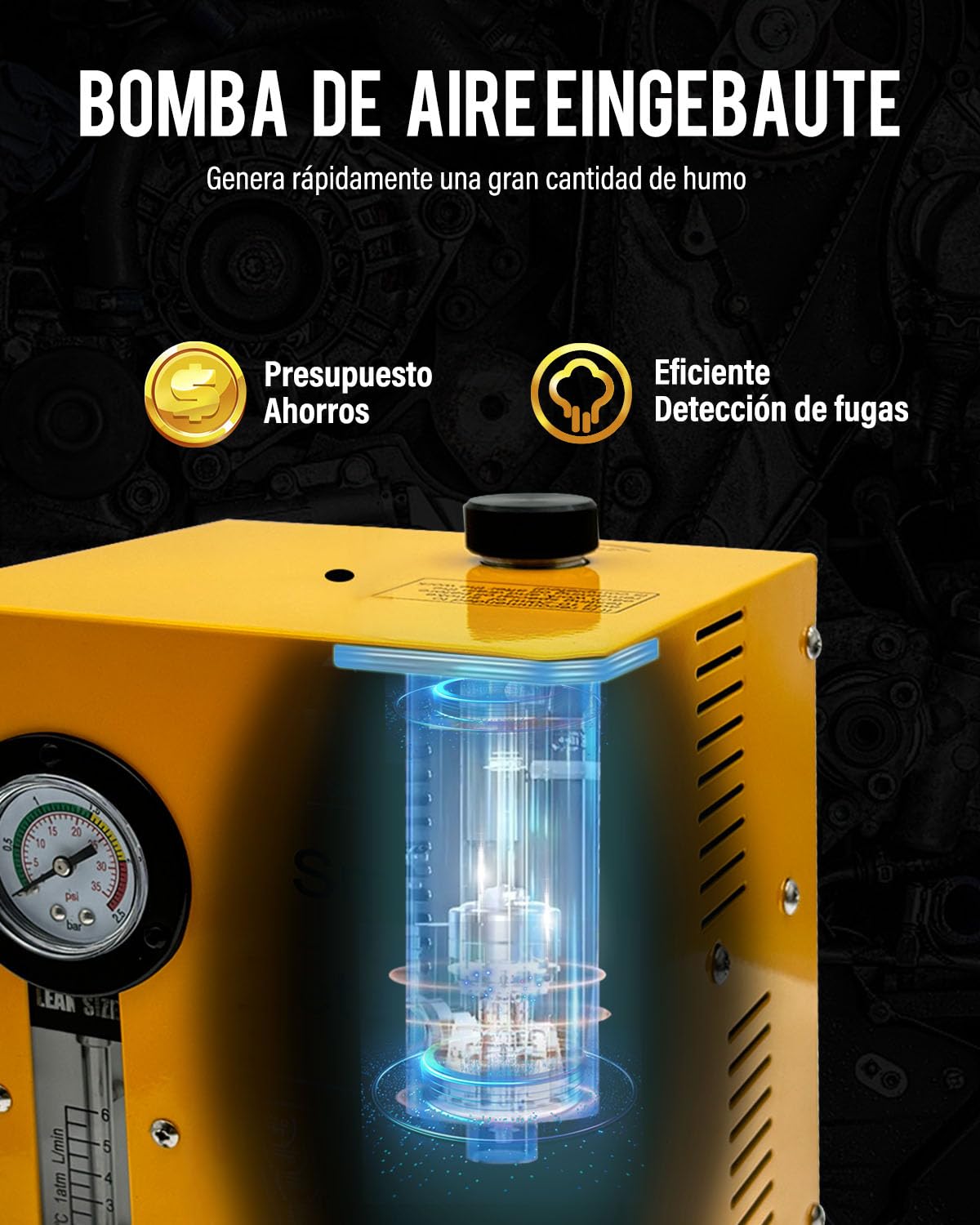 Máquina de Humo Detector 12V, EVAP Detector Fugas Humo, Fugas de Automóviles Detectar para Sistema de EVAP, Sistema de Combustible del Coche (Amarillo)