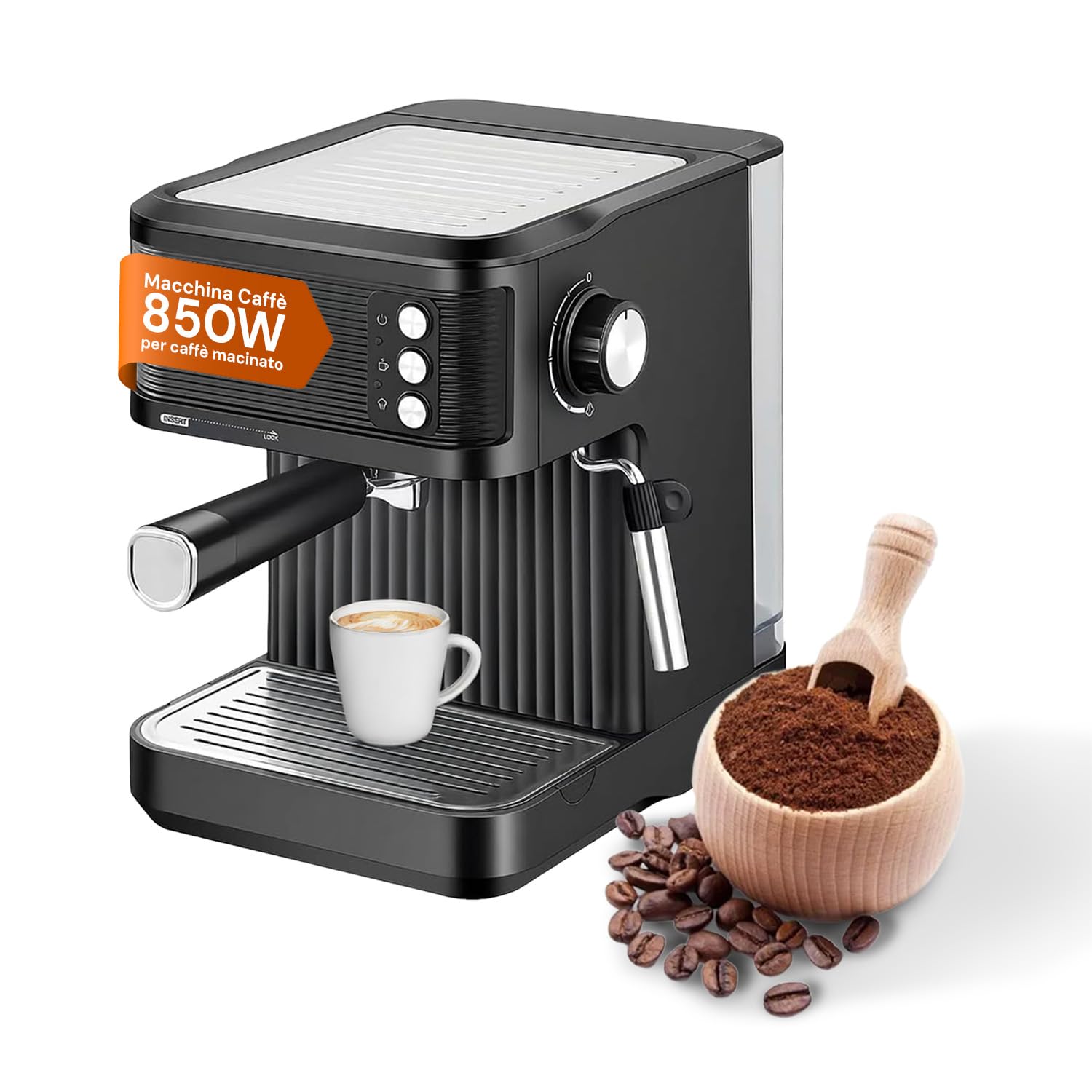 Wintem - Macchina Caffè 850W per Espresso Intenso con Filtro in Acciaio Inossidabile, Serbatoio da 2L e Compatibilità con Caffè Macinato e Cialde, Uso Facile e Design Compatto Nera