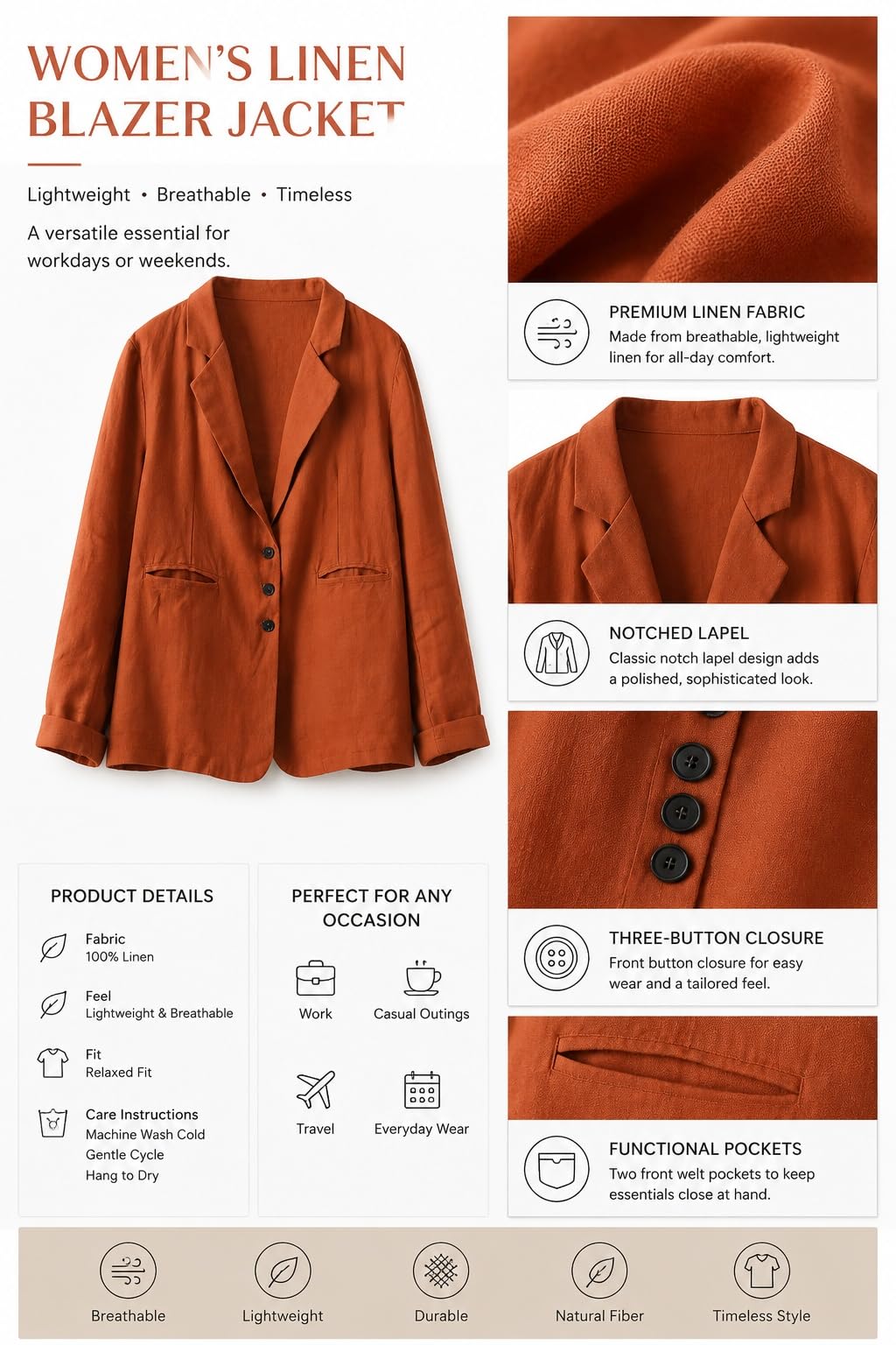Elegante Blazer Mujer - Blazers De Algodón Y Lino para Mujer Chaquetas De Manga Larga con Botones Y Bolsillo Ropa De Abrigo Informal Chaqueta Ligera con Solapa De Muesca para Mujer Trajes De Oficin